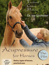 Cover of the DVD 'Acupressure for Horses' featuring a horse and a woman demonstrating the acupressure point on the horse.